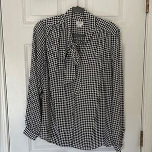 J. Crew Factory Black and White Houndstooth Tie-Neck Blouse